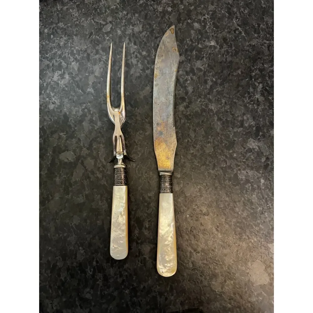 Antique Meriden Cutlery Co. Carving Set MOP Handle Knife Fork Silver Ferrule